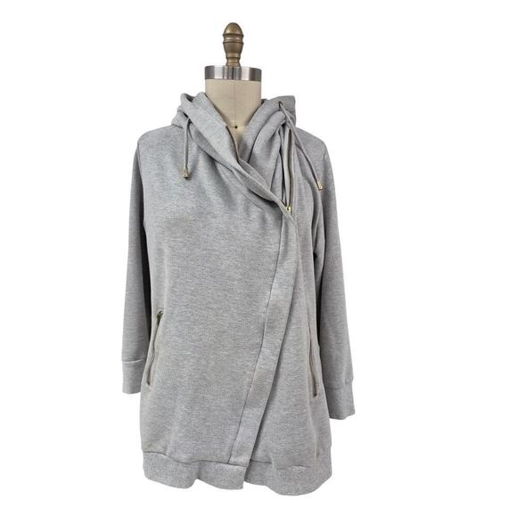 Neiman Marcus Grey Zip-Up Hoodie Gold Hardware asymmetrical design Sz XL - Picture 1 of 6